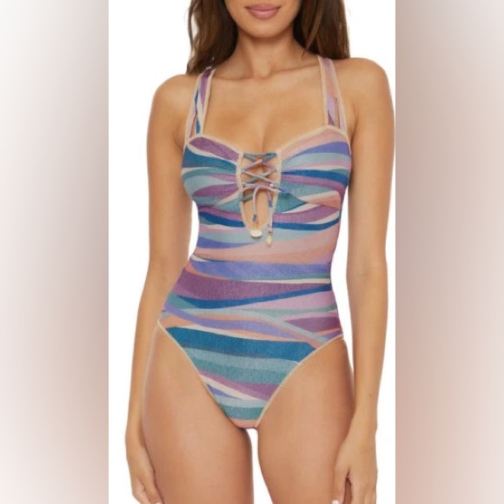 BECCA Sound Waves X-Back Strap One Piece Women's Size Large Purple